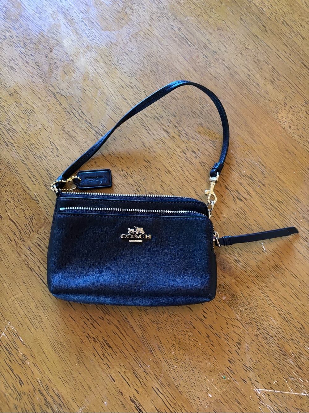 Coach Black Leather Zip Wristlet with Gold Hardware